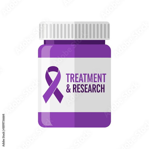 Purple ribbon on a medication bottle for cancer treatment and research purposes indoors.