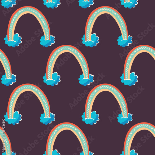 Trendy seamless pattern with colorful rainbow on color background. Design for invitation, poster, card, fabric, textile, fabric. Cute holiday illustration for baby. Scandinavian doodle style.
