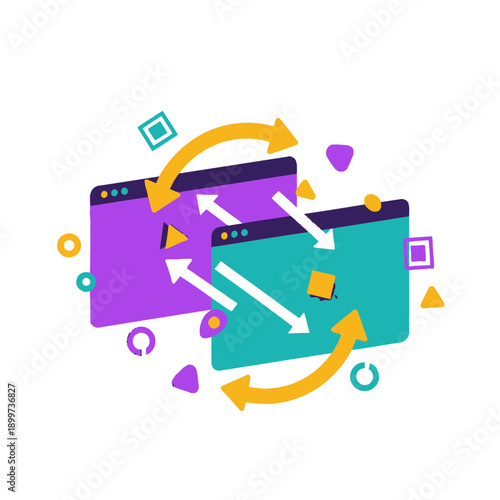 Two colorful computer windows exchange data with arrows and icons around them on a white background.
