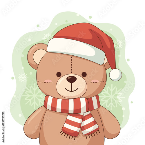 A cute brown teddy bear wearing a red Santa hat and striped scarf smiles cheerfully in a festive green snowy background with snowflakes.