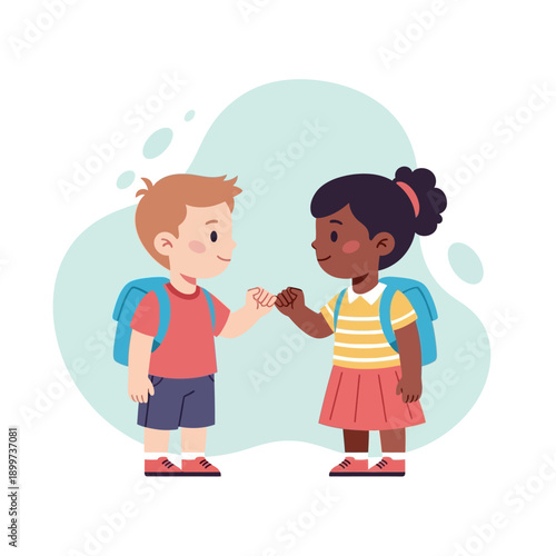 Two children boys and girls are standing and bumping fists in a friendly gesture with backpacks on.