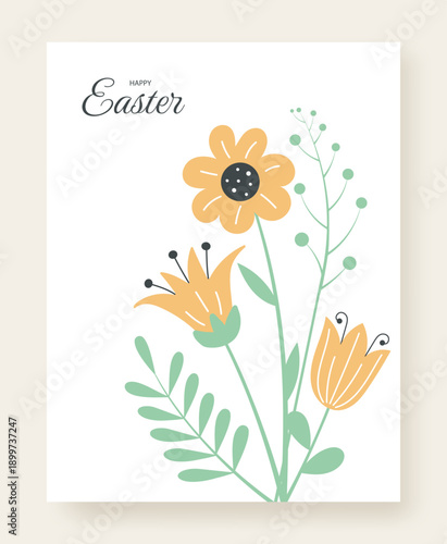 Happy Easter Greeting Card with Floral Bouquet and Handwritten Typography. Vector illustration.