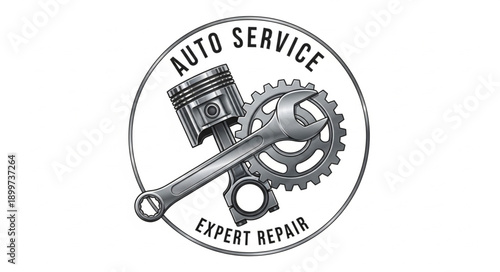Auto Service Expert Repair Emblem with Piston Wrench and Gear.