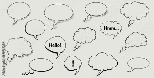 Collection of empty and filled comic book speech bubbles and thought clouds featuring various shapes for conversation and dialogue design elements