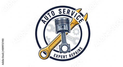 Auto Service Expert Repairs Emblem with Piston and Wrench.