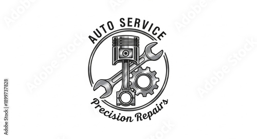 Auto Service Precision Repairs Emblem with Piston Wrench and Gear.