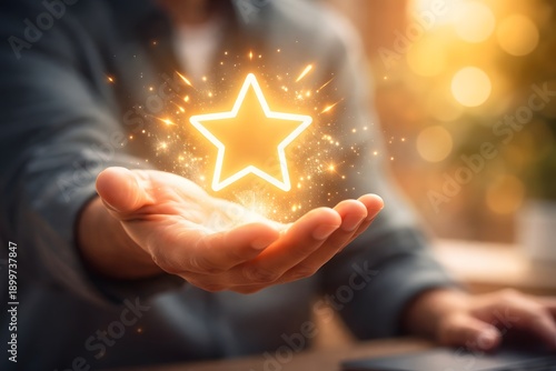 Hand holding glowing star for quality and excellence rating