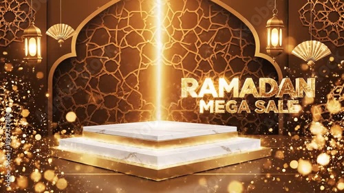 Wallpaper Mural Ramadan mega sale gold text on marble podium with glowing light beam and traditional lanterns in a brown islamic architectural background Torontodigital.ca
