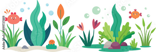 Vibrant underwater scene with diverse aquatic plants and coral formations