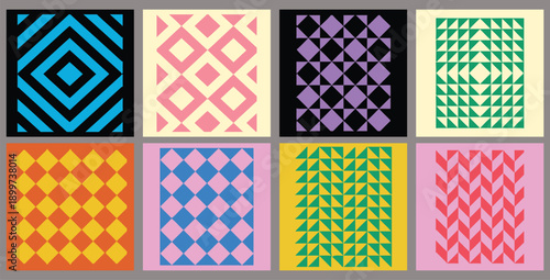 Vibrant collection of eight modern geometric pattern designs showcasing bold color palettes and diverse repeating abstract shapes suitable for textile or wallpaper backgrounds