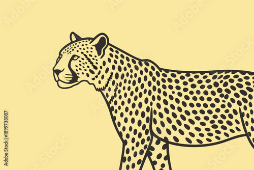 A majestic cheetah with distinctive spots walking across a vast savannah landscape.