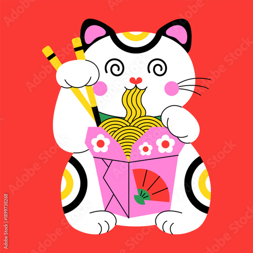 Maneki Neko. Lucky Japanese waving cat talisman with noodles, cute asian traditional fortune flat character, success amulet good luck souvenir. Vector cartoon illustration