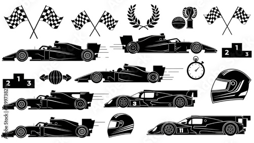 Racing cars speeding around the track with checkered flags waving