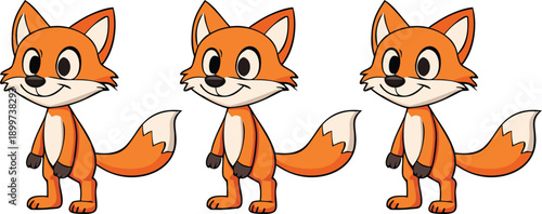 Three playful cartoon foxes standing in a row with bushy tails and pointy ears
