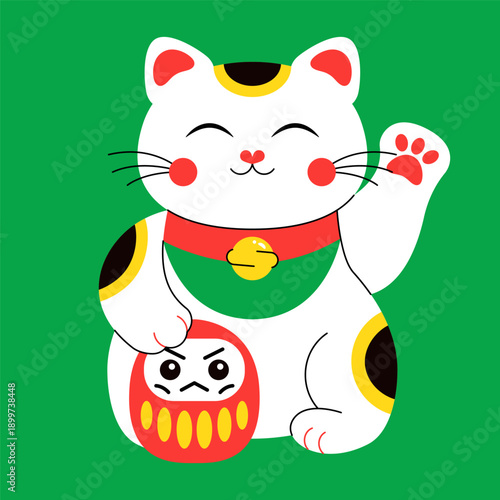 Lucky Japanese cat. Maneki Neko asian waving cat talisman, cute traditional fortune character, success amulet good luck souvenir cartoon style. Vector illustration