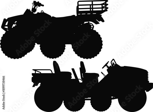 Black silhouette of off road utility vehicles and agricultural tractors isolated on white background, heavy duty farming and rural transportation equipment concept