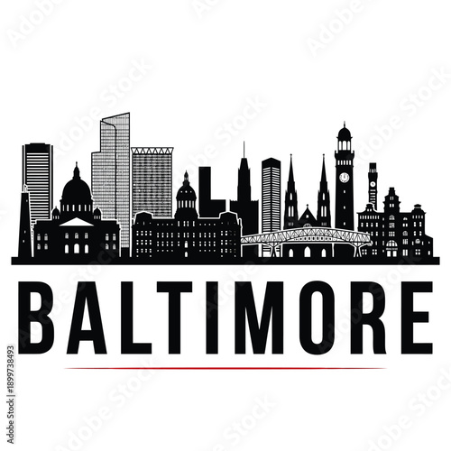 A black silhouette of the baltimore skyline with city name typography