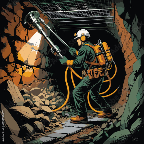 vector image of a miner drilling a rock