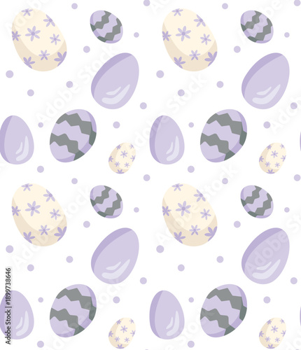 Easter purple eggs and dots. Seamless vector pattern. Festive pattern with eggs in geometric and floral patterns. Suitable for prints, apparel, backgrounds, and other Easter-themed designs.