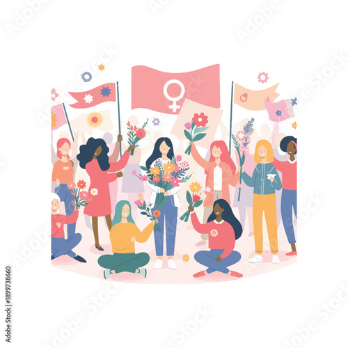 international womens day people celebrating women holding flowers flat vector icon