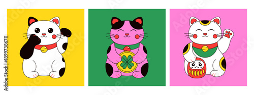 Japanese lucky cat banners. Maneki Neko asian waving cats, cute traditional fortune characters, trendy cartoon success amulet and good luck talisman souvenir. Vector flat set