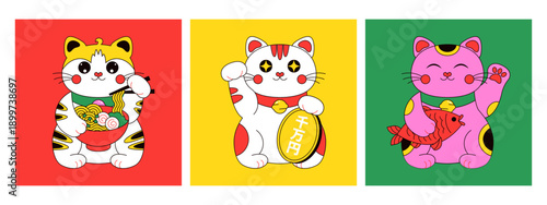 Japanese lucky cat banners. Maneki Neko asian waving cats, cute traditional fortune characters, success amulet and good luck talisman souvenir cartoon style. Vector flat set