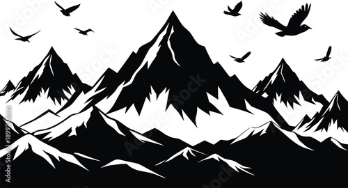 Majestic mountain range with soaring birds in a stark black and white illustration