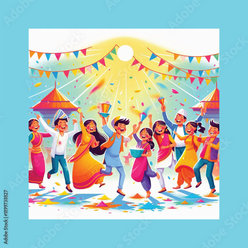holi festival nepal people throwing colored powder flat vector icon
