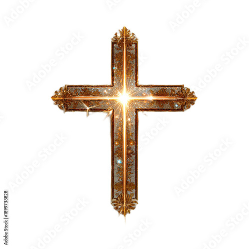 A gold cross with a bright light shining on it
