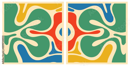 Symmetrical abstract artwork featuring vibrant mid century modern colors in a flowing organic pattern presented as a diptych wall decoration
