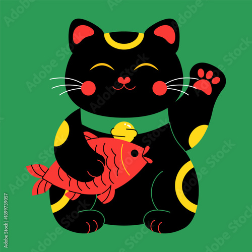 Lucky Japanese cat. Maneki Neko asian waving cat talisman, cute traditional fortune character with koi carp fish, success amulet good luck souvenir. Vector cartoon illustration