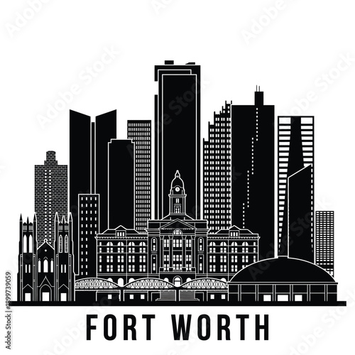 A striking black and white skyline illustration of fort worth texas