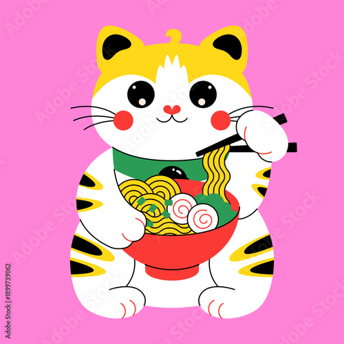 Lucky Japanese cat. Maneki Neko asian waving cat eating ramen soup, cute traditional fortune character, success amulet good luck talisman souvenir cartoon style. Vector illustration