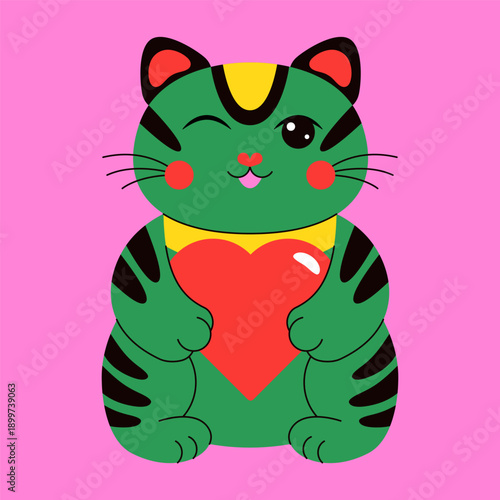 Lucky Japanese cat. Maneki Neko asian waving cat talisman with heart, cute traditional fortune flat character, success amulet good luck souvenir. Vector cartoon illustration