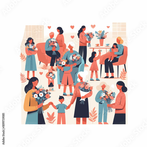 uk mothering sunday people giving flowers flat vector icon