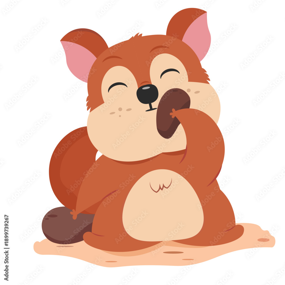 Obraz premium Cute squirrel cartoon character sitting and eating an acorn with happy expression. Flat vector animal illustration perfect for kids content, education, stickers and children designs.