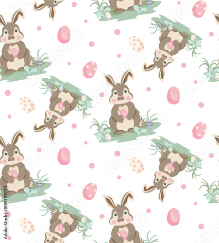 Seamless pattern of cute cartoon bunnies holding pastel Easter eggs surrounded by decorative grass and flowers on a white background