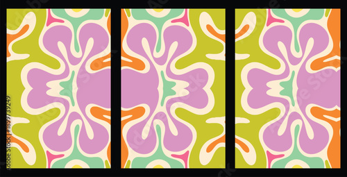 Vibrant tri-panel abstract pattern design featuring groovy seventies inspired floral shapes in a playful retro color palette of lilac green and orange