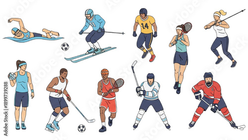 Dynamic athletes in action, showcasing various sports skills and movements in a vibrant collage illustration