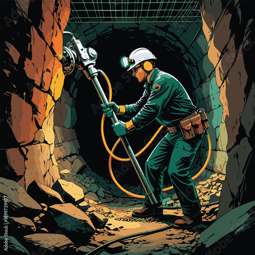 vector image of a miner drilling a rock