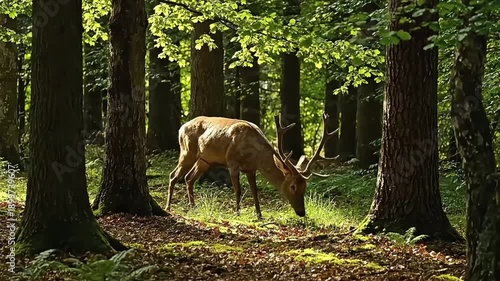 Deer Grazing in Forest with Trees.
