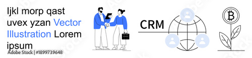 Business strategy, digital finance, teamwork, cryptocurrency growth, networking, CRM. Two individuals interacting, a global CRM network and a growing cryptocurrency plant. Business strategy