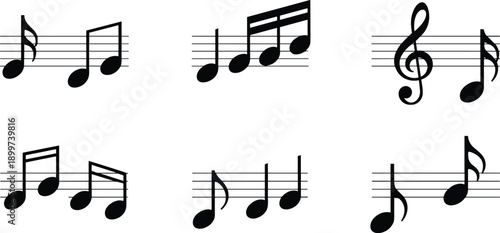Musical Notes on Staff Vector Illustration Set: Treble Clef, Eighth Notes, Sixteenth Notes, Quarter Notes, Rhythms, Notation Symbols, Music Theory Elements, Audio Recording Icons, Performance Symbols