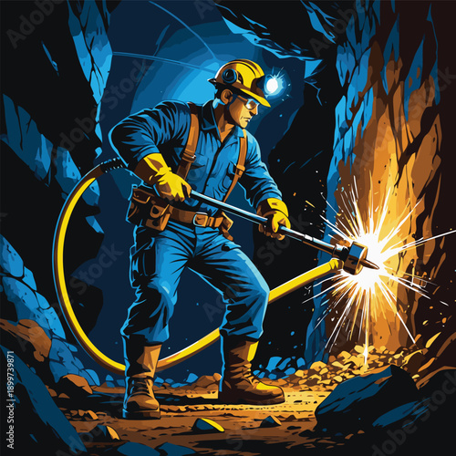 vector image of a miner drilling a rock