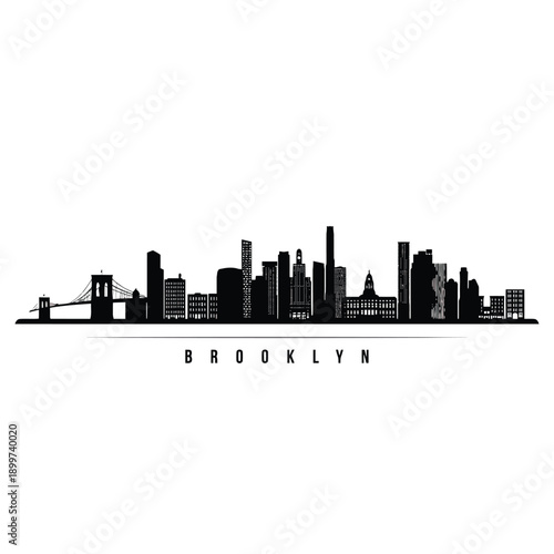 A striking black silhouette of the brooklyn cityscape against a white background