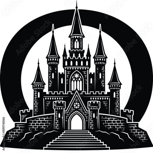 A striking black and white illustration of a gothic castle within a circle