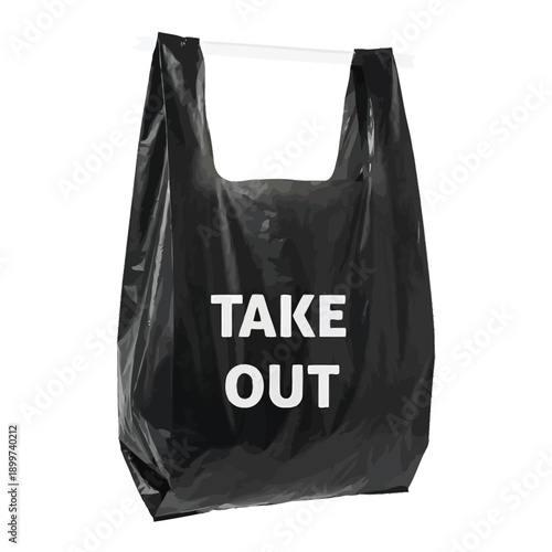 A black plastic takeout bag with white lettering against a white background