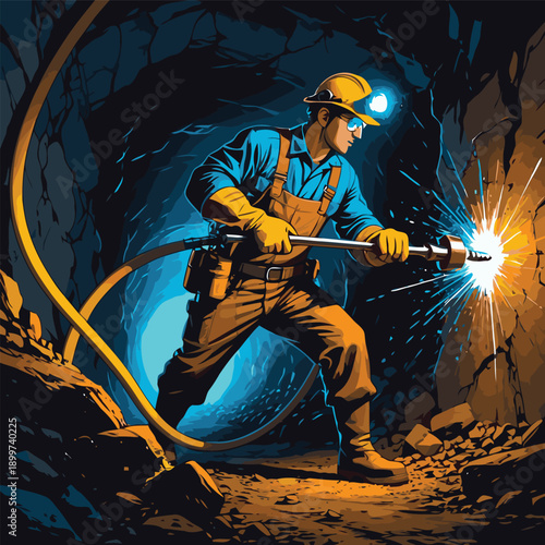 vector image of a miner drilling a rock