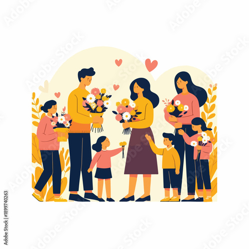 mothering sunday uk giving flowers people flat solid color vector icon