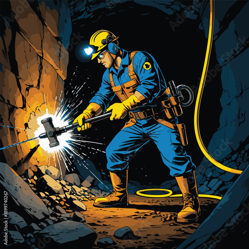 vector image of a miner drilling a rock